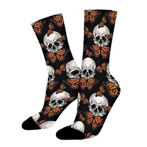 Skull And Orange Butterfly Women Printed Crew Socks Funny Funky Socks Soft Polyester Novelty Gifts for Artists Men - 1 of 1