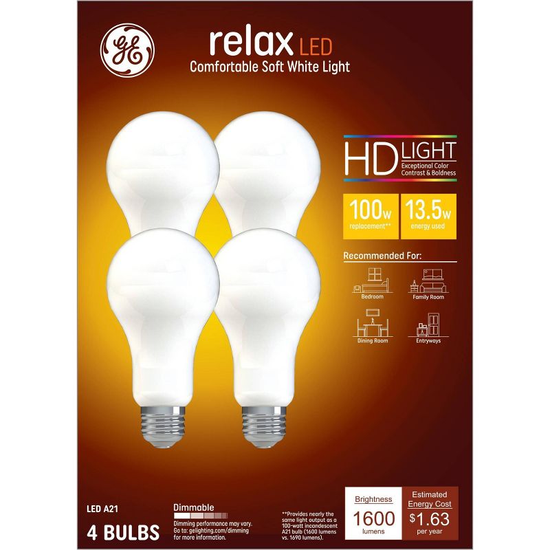 GE 4pk 13.5W 100W Equivalent Relax LED HD Light Bulbs Soft White, 6 of 8