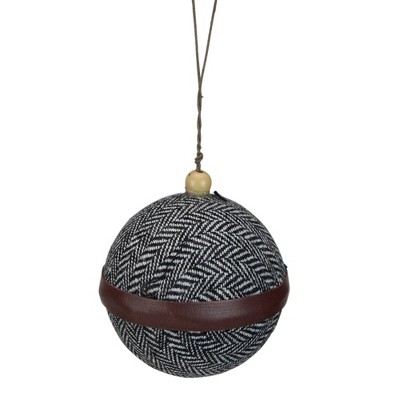 Kaemingk 4" Black and White Houndstooth With Brown Strip Fabric Christmas Ball Ornament