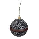 Kaemingk 4" Black and White Houndstooth With Brown Strip Fabric Christmas Ball Ornament