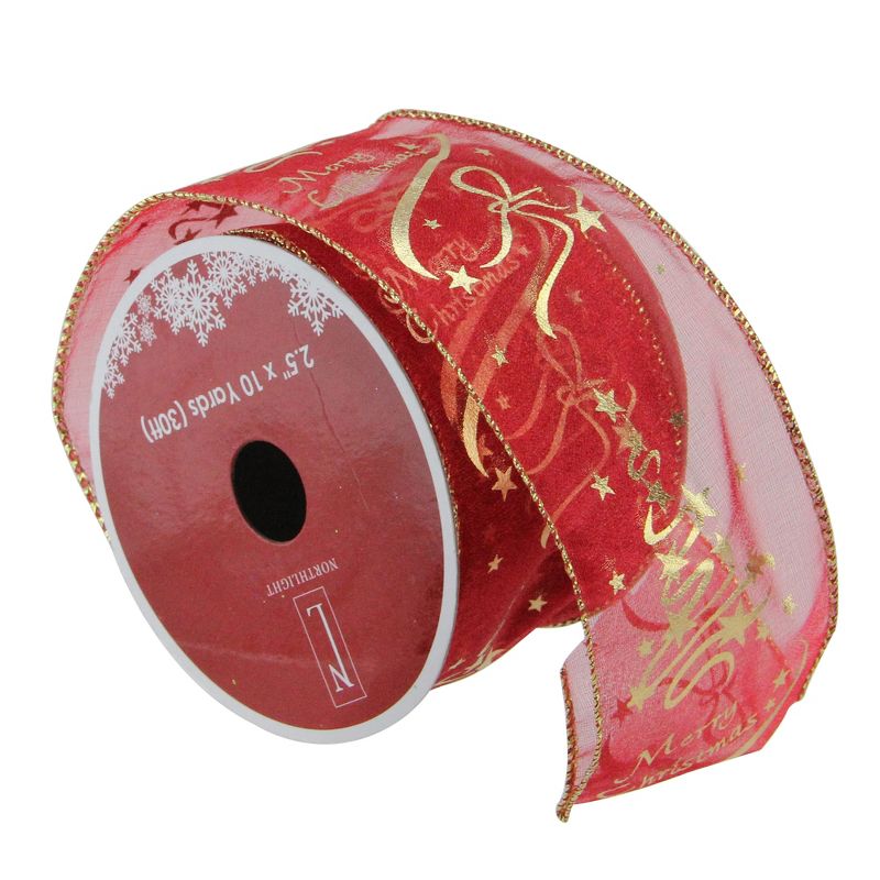 Northlight Pack of 12 Cranberry Red and Gold Merry Christmas Wired Craft Ribbon Spools - 2.5" x 120 Yards, 1 of 4