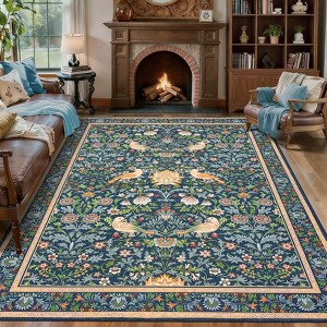 Washable Rugs for Living Room, Non Slip Floral Area Rugs, Low Pile Stain Resistant Botanical Bird Soft Carpet - 1 of 4