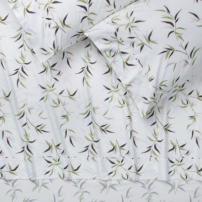 Queen White Bamboo Print Microfiber Sheet Set
