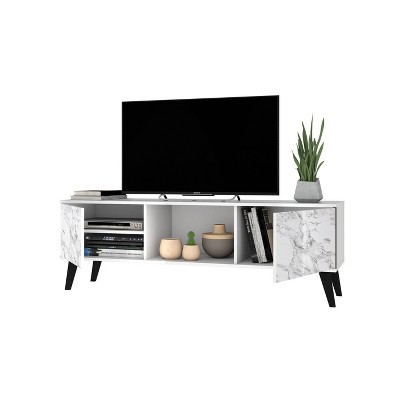 White and Marble Mid-Century Modern TV Stand with Cabinet