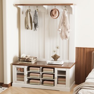 Luck Live Wardrobe shelf, portable hall storage coat rack with a long bench, equipped with 4 hooks for hanging coats, off-white in color. - 1 of 4