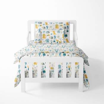 Bacati - Little Dino Boys Teal/Yellow Muslin 5 pc Toddler Bedding Set with Dec Pillow
