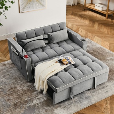 NicBex Modern Pull Out Sofa Bed Velvet Convertible Sofa Couch with Adjustable Back, USB Port and Swivel Phone Stand for Living Room