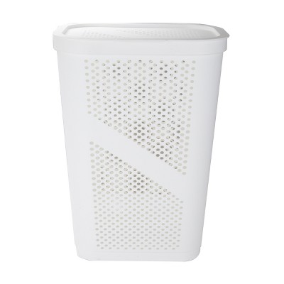White Plastic Collapsible Upright Laundry Hamper with Lid