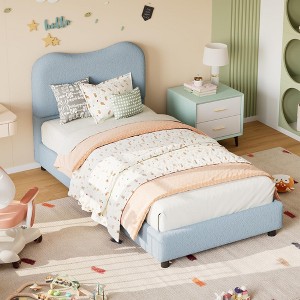 Twin/Full/Queen Kids Bed Frame with Upholstered Headboard, Low Profile Sturdy Platform Bed with Soft Boucle Fabric for Girls and Boys - 1 of 4