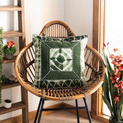 Green Embroidered Wool and Cotton Ikat Square Pillow Set