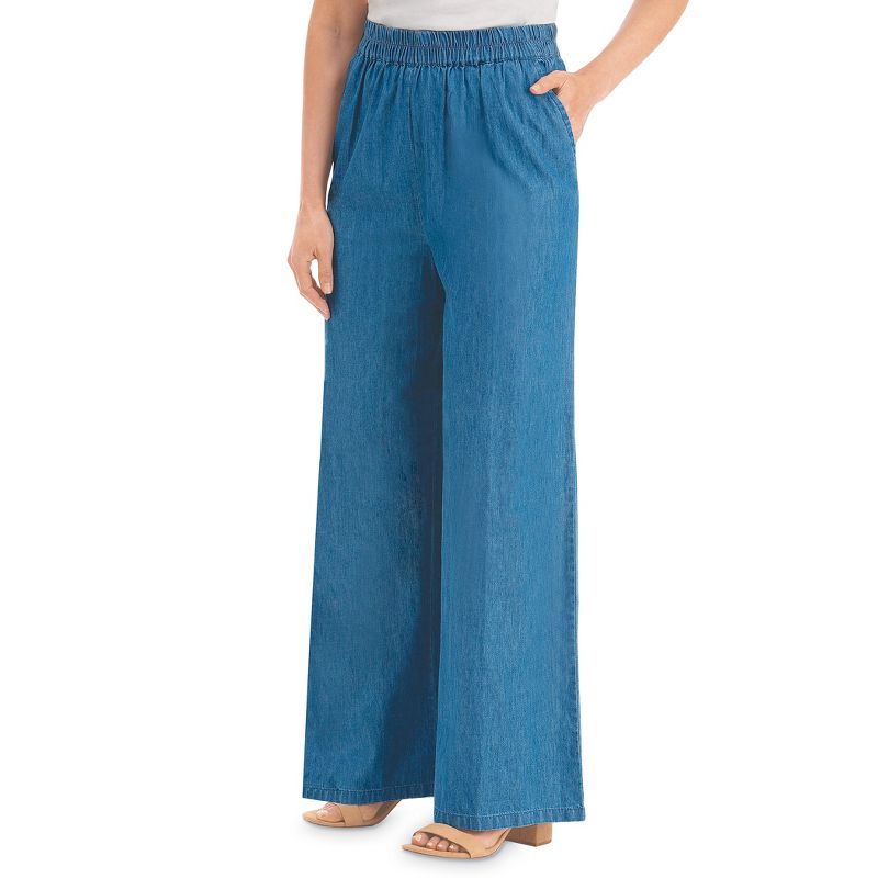 Collections Etc Pull-On Denim Wide-Leg Pants with Elasticized Waist, 1 of 5