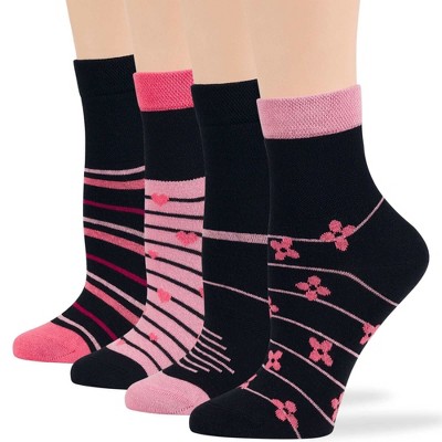 Women's Cotton Diabetic Quarter Patterned Socks - 4 Pack - Shoe Size 5-9 M, 8-12 L - Heart, Stripe, Flower - Black, Blue | 7BIGSTARS KINGDOM