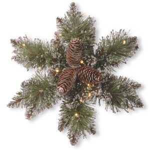 National Tree Company Pre-Lit Artificial Christmas Star Wreath, Green, Glittery Bristle Pine, White Lights with Pine Cones, Frosted Branches,14 Inches - 1 of 4