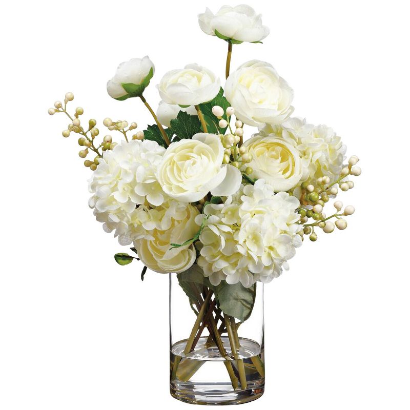 Ranunculus, Hydrangeas and Berry 15"H Faux Flowers in Vase, 1 of 2