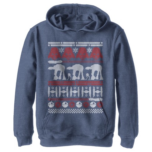 Boy s Star Wars Ugly Christmas Sweater Pull Over Hoodie Navy Blue Heather Small