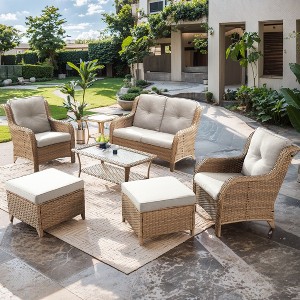 POCASSY 7 Piece Patio Furniture Set All Weather Yellow Wicker Conversation Set with Coffee Table, Loveseat, Chair, Ottoman and Side Table - 1 of 4