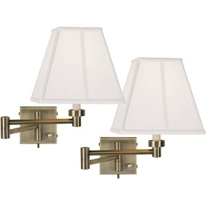 Barnes and Ivy Modern Swing Arm Wall Lamps Set of 2 Antique Brass Plug-In Light Fixture Ivory Square Shade Bedroom Bedside Reading - 1 of 3