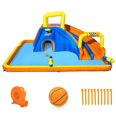 Photo 1 of Bestway H2OGO! 18 x 16.5 x 8.7 Foot Super Double Racing Slide Speedway Kids Inflatable Water Park with Air Blower, Ground Stakes, and Storage Bag