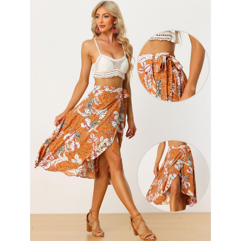 Allegra K Women's Tie Waist Hawaiian Tropical Floral Wrap Midi Skirt, 2 of 6