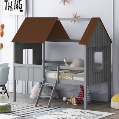 CAVINAS Twin Size Modern Low Loft Bed with Two Side Windows & Ladder,House Bed Frame for Bedroom,Kids Room