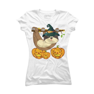 Junior's Design By Humans Funny Witch Sloth With Jack O Lantern Halloween T-Shirt By thebeardstudio T-Shirt