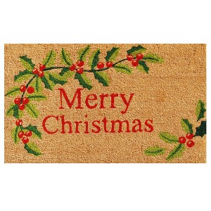 HomeRoots 24" X 36" Natural Red and Green Coir Merry Christmas Outdoor Christmas Door Mat - 1 of 3