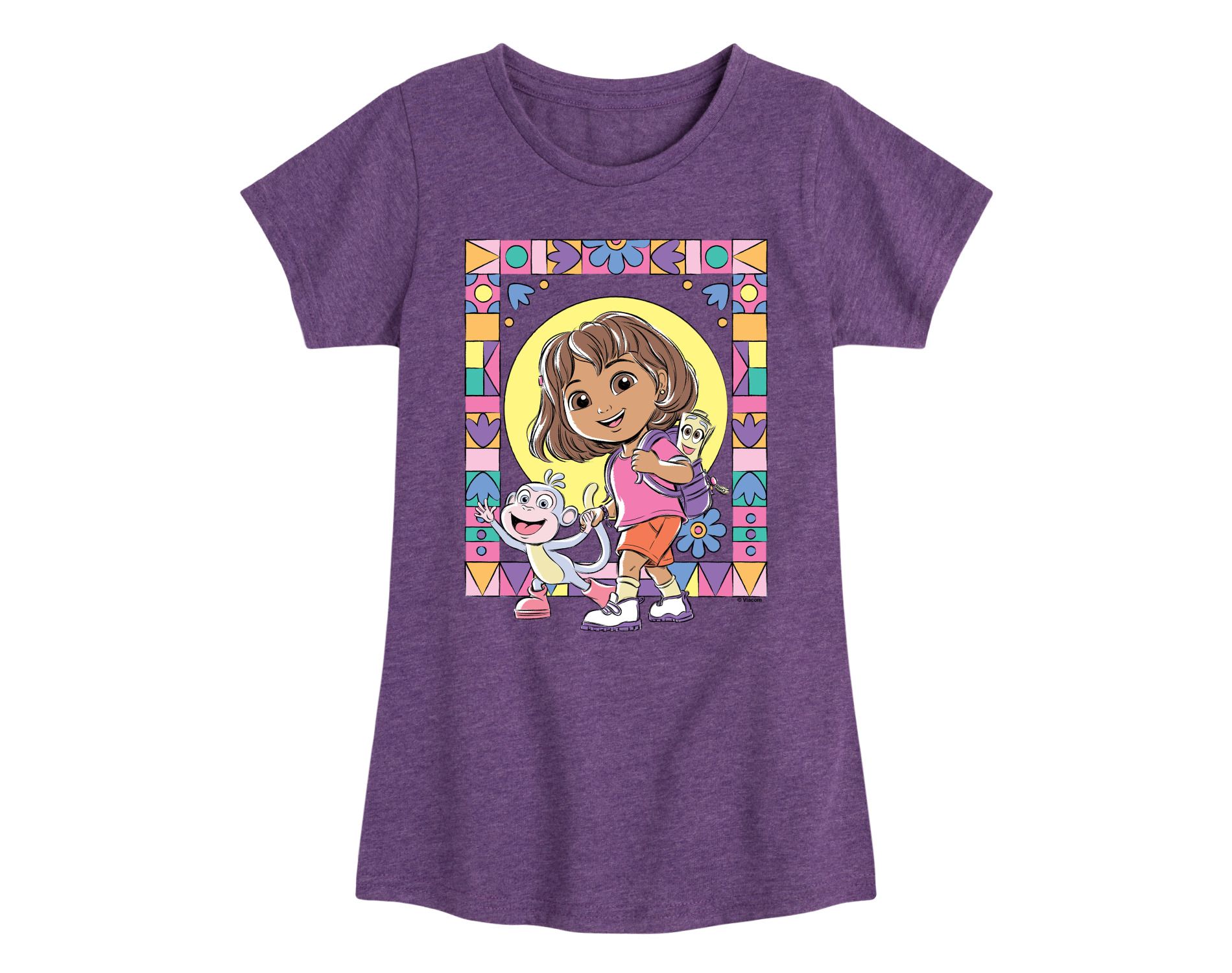 Girls' Dora the Explorer Boots Mosaic Fitted Short Sleeve Graphic T-Shirt - Heather Purple - 5T