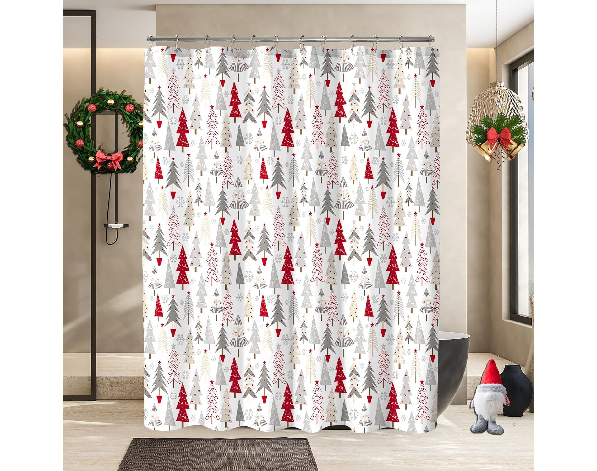 Christmas Shower Curtain, Colorful Christmas Tree Shower Curtains for Bathroom Decor, Red Green Winter Holiday Shower Curtain 70.8x70.8 Inch