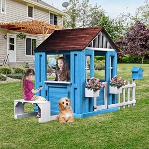 ORRD Wooden Kids Playhouse with 2 windows and flowerpot holder,42"Lx46"Wx55"H,Golden Red - 1 of 4