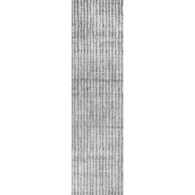 Skoura Gray and Beige Synthetic Stripe Runner Rug, 2' x 8'