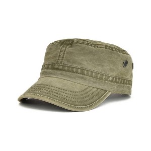 TIME HOLLOW Army Green Washed Vintage Flat Top Hat - 1 of 3