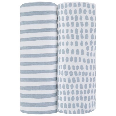 Ely's & Co. Baby Waterproof Fitted Pack n Play - Mini Crib Sheet  100% Combed Jersey Cotton Misty Blue Stripes and Splash 2 Pack