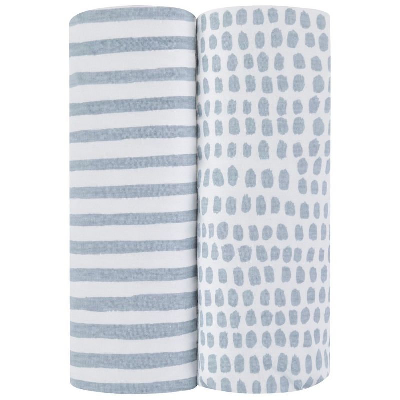 Ely's & Co. Baby Fitted Waterproof Sheet Set  100% Combed Jersey Cotton Misty Blue Stripes & Splash 2 Pack, 1 of 10