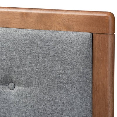 Walnut Queen Platform Bed with Gray Upholstered Headboard and Storage Drawers