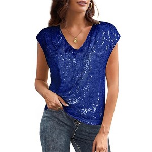 Women's V Neck Sequin Party Top Short Sleeve Shimmer Clubwear Tee - 1 of 1