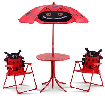 Costway Kids Patio Set Table And 2 Folding Chairs w/ Umbrella Beetle Outdoor Garden Yard