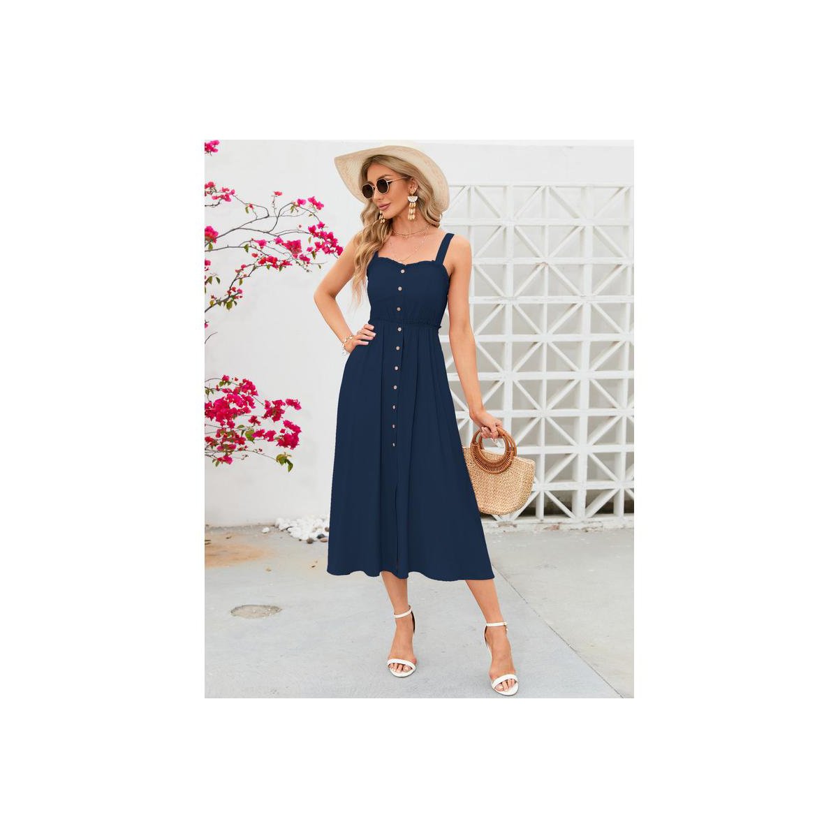 Женские платья Garvee Women's Dress Casual Summer Spaghetti Strap Dress Button Down Sleeveless A Line Beach Swing Midi Sundress Navy Blue Small — фото 4
