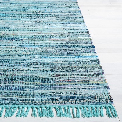 Hand-Woven Turquoise Stripe Cotton Area Rug, 8' x 10'