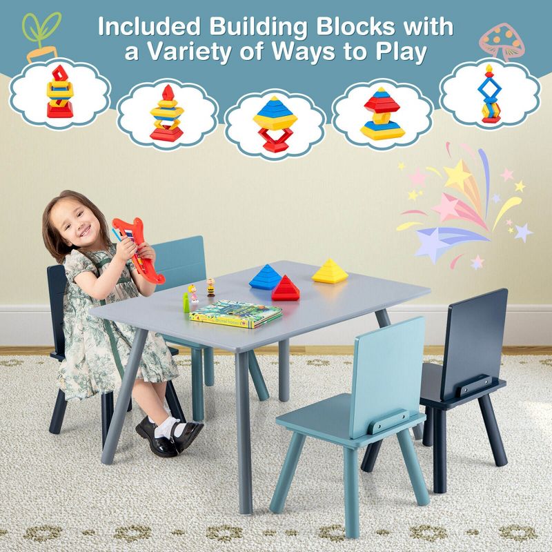 Costway 5 Piece Kids Wooden Activity Table and 4 Chairs Play Set Gift w/ Building Blocks, 4 of 11