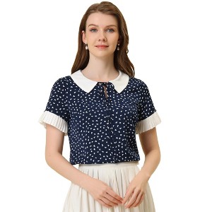 Allegra K Women's Contrast Doll Collar Polka Dots Short Sleeves Blouse - 1 of 4