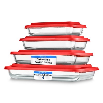 SereneLife Rectangular Glass Food Storage - 4 Sets of High Borosilicate with Lid, Red