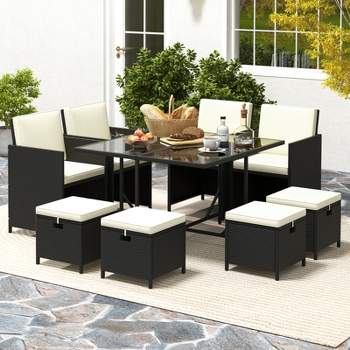 Costway 9 PCS Outdoor Dining Furniture Set Patio Conversation Set with Cushioned Seat
