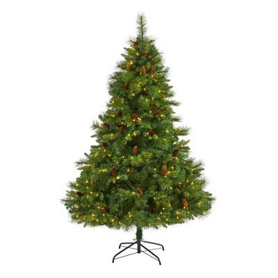 Nearly Natural 6’ West Virginia Full Bodied Mixed Pine Prelit LED Artificial Christmas Tree with Pine Cones