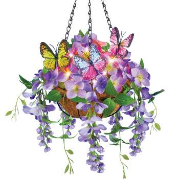 Collections Etc LED Lighted Wisteria Floral Hanging Basket with 6-Hour Timer 12 X 12 X 24