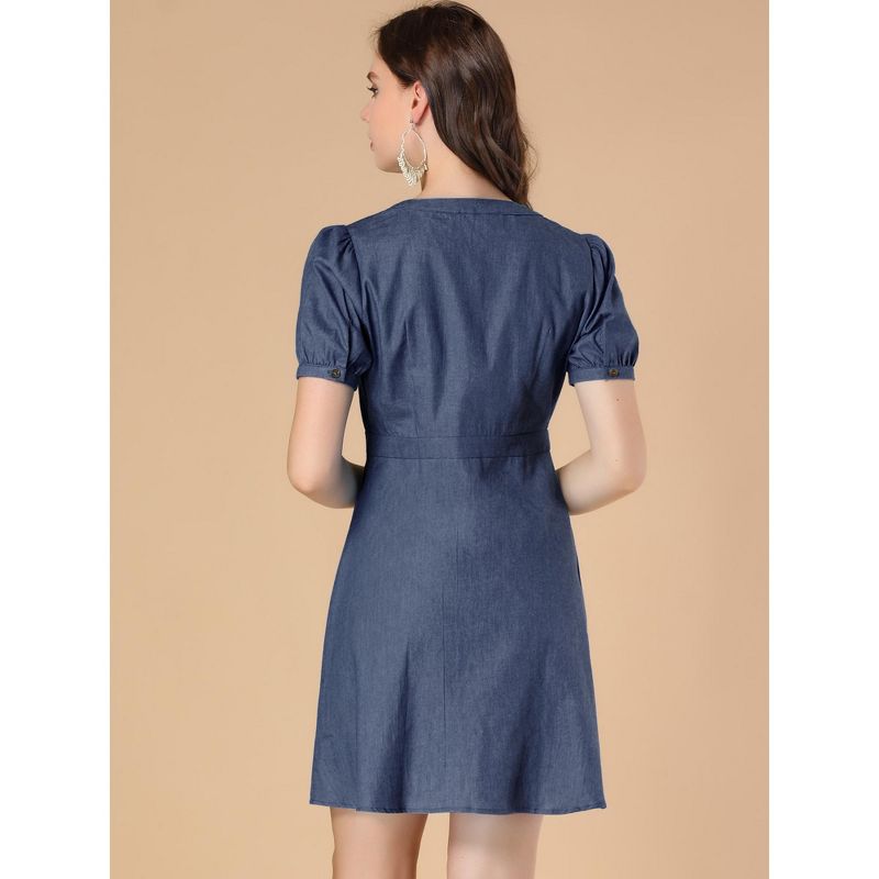 Allegra K Women's Puff Short Sleeve  Button Down V Neck Cotton A-Line Chambray Mini Dress, 5 of 7