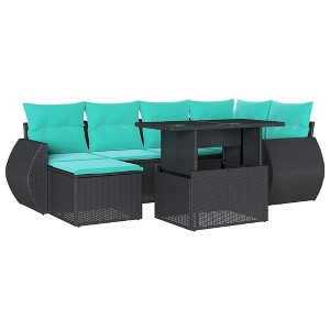 vidaXL Patio Sofa Set with Cushions and Table Outdoor 7 Piece Poly Rattan - Black without storage - 1 of 4