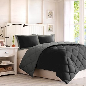 3pc King Windsor Reversible Down Alternative Comforter Set with 3M Stain Resistance Finishing Black/Gray, Black&Gray