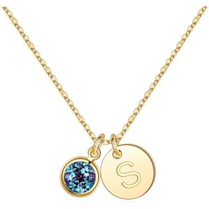 Personalized Birthstone Necklace 14K Gold Plated Initial Disc Jewelry Gift - 1 of 4