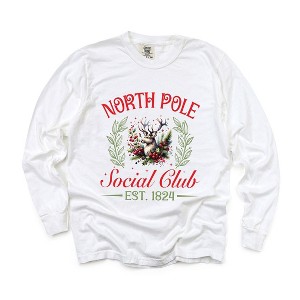 Simply Sage Market Women's North Pole Social Club Reindeer Long Sleeve Garment Dyed Tee - 1 of 4