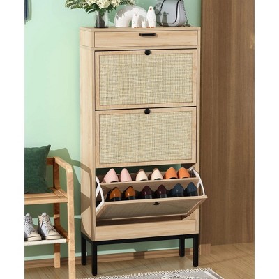Brafabhome Narrow Shoe Cabinets with 3 Flip Drawers, Entryway Rattan Shoe Storage Organizer for Slippers Sneakers and High Heels | 18 Pairs